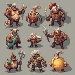 Nine colorful fantasy characters, each with unique attire and weapons, stand against a light gray backdrop.