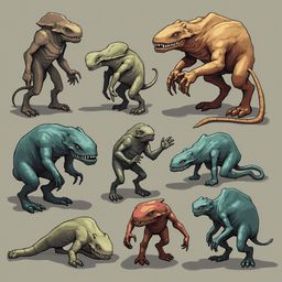 Nine colorful, four-legged creatures with varying sizes, skin tones, and features are depicted in a grid-like arrangement.