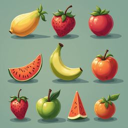 Nine colorful fruits, including bananas, strawberries, watermelon, apples, oranges, and peaches, are arranged in a 3x3 grid.