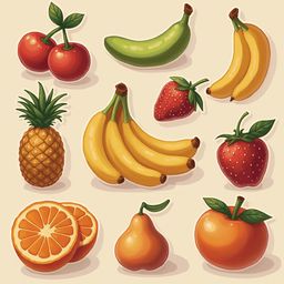 Nine colorful fruits, including bananas, strawberries, pineapple, orange, apple, and pear, are arranged in three rows against a light yellow backdrop.