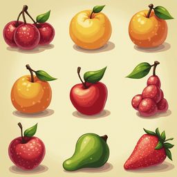 Nine colorful fruits, including cherries, apple, orange, plum, grapes, pear, strawberry, and pear, are arranged in a 3x3 grid.