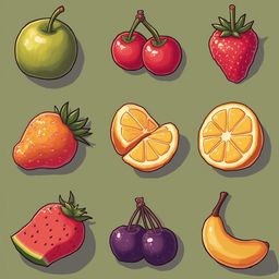 Nine colorful fruits, including green apple, red cherries, pink strawberry, orange, grapefruit, watermelon, purple cherries, banana, and yellow apple, are arranged on a green background.