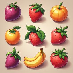 Nine colorful fruits, including strawberries, oranges, bananas, and apples, are arranged in a 3x3 grid.