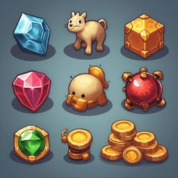 Nine colorful game elements, including a blue diamond, cat, cube, gem, diamond, orb, gold coins, and a gold scepter, are arranged in a 3x3 grid.