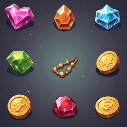 Nine colorful gems, a gold necklace, a coin, and a gemstone are arranged in a 3x3 grid against a dark gray background.
