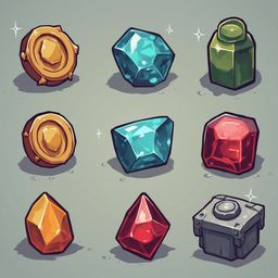 Nine colorful gems and a gold coin are arranged in a 3x3 grid against a muted gray backdrop.