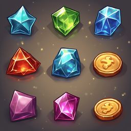 Nine colorful gems and a gold coin are arranged in a 3x3 grid against a dark gray background with scattered gold sparks.