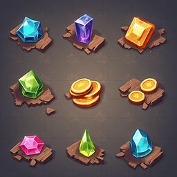 Nine colorful gems and coins are arranged in a 3x3 grid on a dark gray textured background.