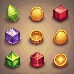 Nine colorful gems and coins, including diamonds, rubies, gold medallions, and quarters, are arranged in a 3x3 grid.