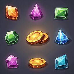 Nine colorful gems and gold coins are arranged in a 3x3 grid against a dark gray background.