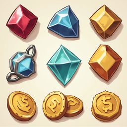 Nine colorful gems and gold coins are arranged in a 3x3 grid on a light beige background.