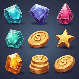 Nine colorful gems and gold coins are arranged in a 3x3 grid against a dark blue background.