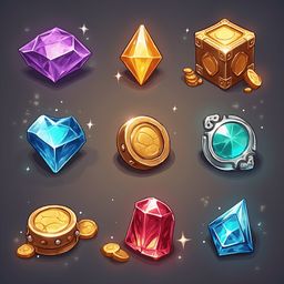 Nine colorful gems and gold objects, including diamonds, cubes, hearts, spheres, and octahedra, are arranged in a 3x3 grid against a dark gray background.