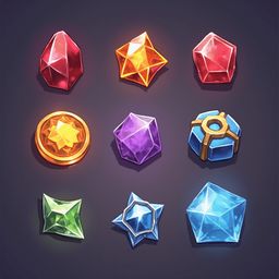 Nine colorful gems, including a red diamond, orange star, purple cube, green square, blue octagon, and red octagon, are arranged in a 3x3 grid against a dark purple background.