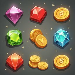Nine colorful gems, three gold coins, and two blue diamonds are arranged on a dark gray background.