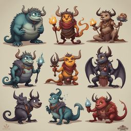 Nine colorful, horned creatures with unique attire and weapons are arranged in a grid on a light brown background.