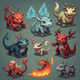 Nine colorful, horned dragons with blue, red, and orange scales are illustrated against a green backdrop.