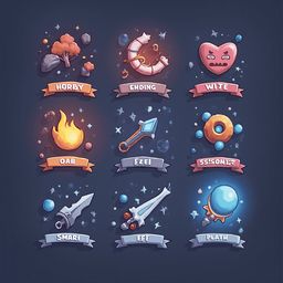 Nine colorful icons, each with a unique name and attribute, are arranged in a 3x3 grid against a dark blue background.