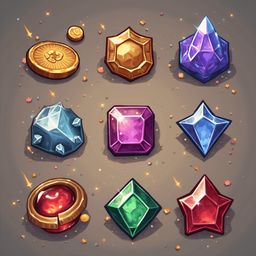 Nine colorful jewels and a gold coin are arranged on a gray background with gold speckles.