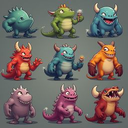 Nine colorful monsters, each with unique features and poses, are arranged in a 3x3 grid against a muted gray backdrop.