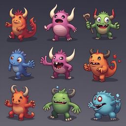 Nine colorful monsters with horns and spikes populate a grid-like arrangement, each with unique expressions and poses.
