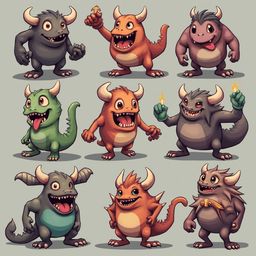 Nine colorful monsters with horns and varying expressions are arranged in a 3x3 grid against a light gray backdrop.