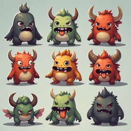 Nine colorful monsters with horns and varying expressions are arranged in a 3x3 grid against a light blue backdrop.