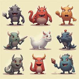 Nine colorful monsters with unique features and expressions are arranged in a 3x3 grid against a light beige backdrop.