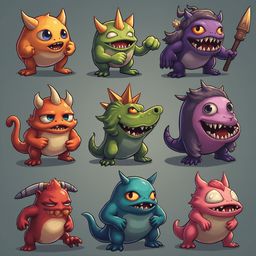 Nine colorful monsters with unique features and weapons are arranged in a 3x3 grid against a muted gray backdrop.