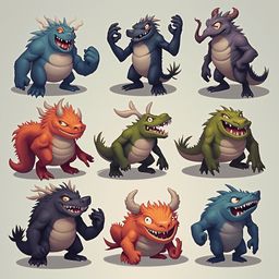 Nine colorful monsters with unique features are arranged in a 3x3 grid against a light gray backdrop.