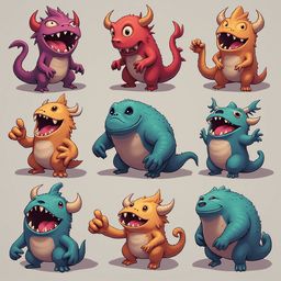 Nine colorful monsters with unique features are arranged in a 3x3 grid against a light gray backdrop.
