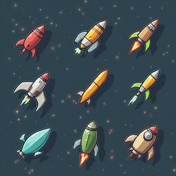 Nine colorful rockets soar through a starry sky, displaying various shapes and vibrant hues.