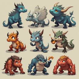 Nine colorful, unique dragons are arranged in a 3x3 grid, showcasing various hues, poses, and accessories.