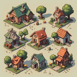 Nine colorful, uniquely designed houses are arranged in a 3x3 grid, each with distinct features and surroundings.