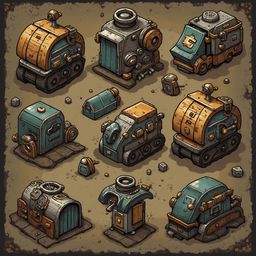 Nine colorful vehicles with unique designs are arranged in a 3x3 grid on a brown background.