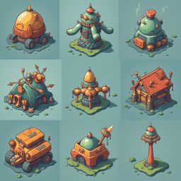 Nine colorful, whimsical buildings with unique features are arranged in a 3x3 grid on a light blue-green background.