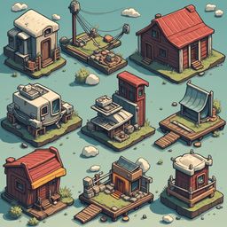 Nine colorful, whimsical houses on small islands in various shades of red, orange, yellow, and blue are arranged in a grid against a light blue backdrop.