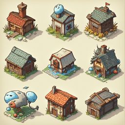 Nine colorful, whimsical houses with unique features are arranged in a 3x3 grid against a light beige backdrop.