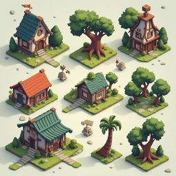 Nine colorful, whimsical houses with unique features are arranged in a 3x3 grid against a light green backdrop.