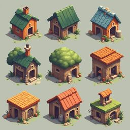 Nine colorful, whimsical houses with unique features are arranged in a 3x3 grid against a light green backdrop.