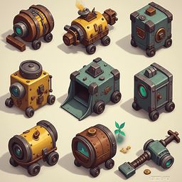 Nine colorful, whimsical vehicles with unique features are arranged in a 3x3 grid against a light beige backdrop.