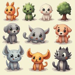 Nine cute cartoon animals, including a cat, dog, lizard, bird, hamster, frog, mouse, bird, and tree, are arranged in a 3x3 grid.