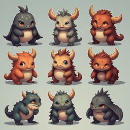 Nine cute creatures with horns and varying colors stand in a three-by-three grid, displaying diverse expressions and postures.