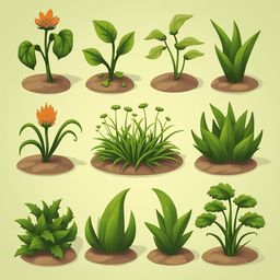 Nine different types of plants and flowers are displayed on brown soil patches, showcasing diverse shapes, sizes, and colors.