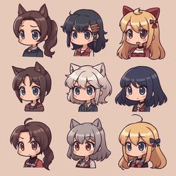 Nine diverse anime-style female characters, each with unique hair colors, poses, and outfits, are arranged in a 3x3 grid against a light beige background.
