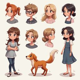 Nine diverse cartoon characters, each with unique hair and attire, stand against a light beige background, accompanied by an orange dog.