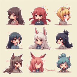 Nine diverse female characters with varying hair colors, styles, and accessories are arranged in a 3x3 grid against a light beige background.