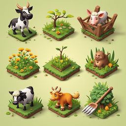 Nine farm animals - cow, pig, chicken, sheep, cow, pig, cow, pig, cow - graze and interact in a pastoral setting.
