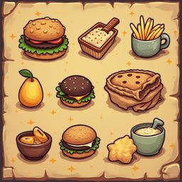 Nine food items, including a hamburger, fries, tart, sauce, pear, cheeseburger, burger, and bread, are arranged on a parchment-like background.