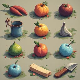 Nine fruits and vegetables in vibrant colors are arranged in a 3x3 grid, including carrots, pumpkins, squash, tomato, onion, fig, pumpkin, squash, tomato, onion, and knife.